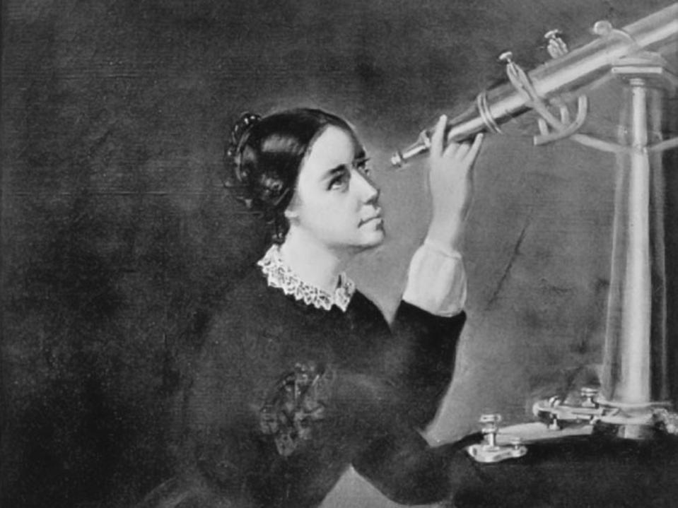Black and white painting of young Maria Mitchell in a black dress sitting at a telescope.