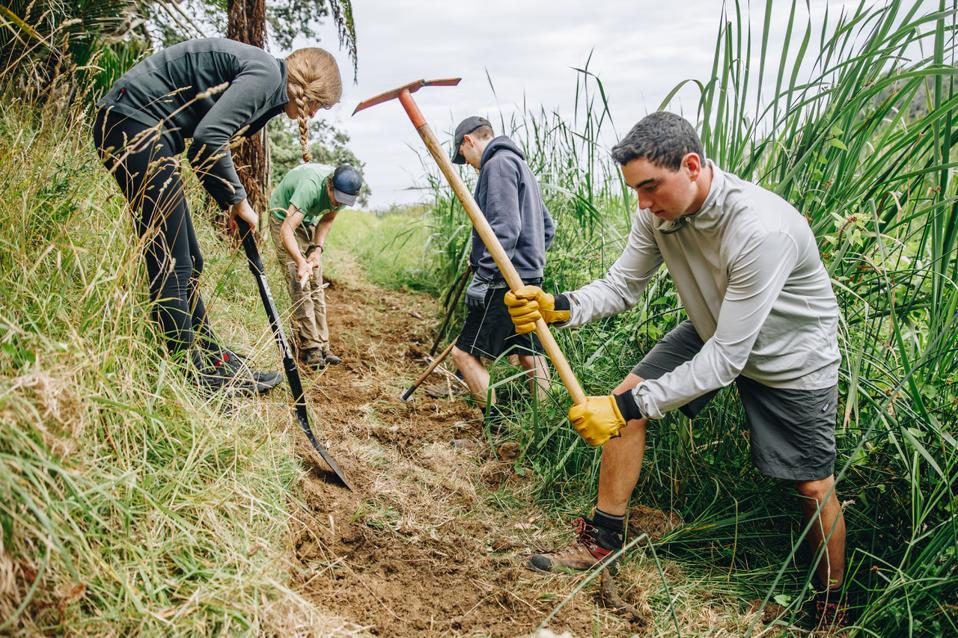 Several Gap Year students working in the fields.