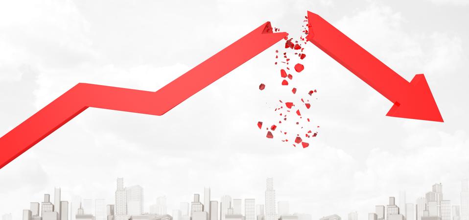 3d rendering of red broken financial diagram arrow on white city skyscrapers background
