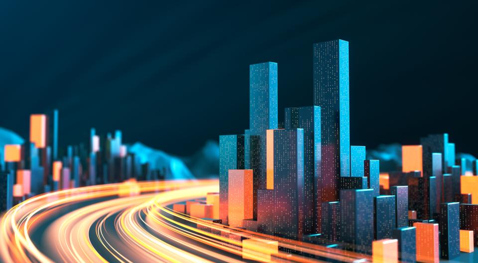 Cityscape With Light Streaks - Urban Skyline, Data Stream, Internet Of Things, Architectural Model, Traffic And Transporation
