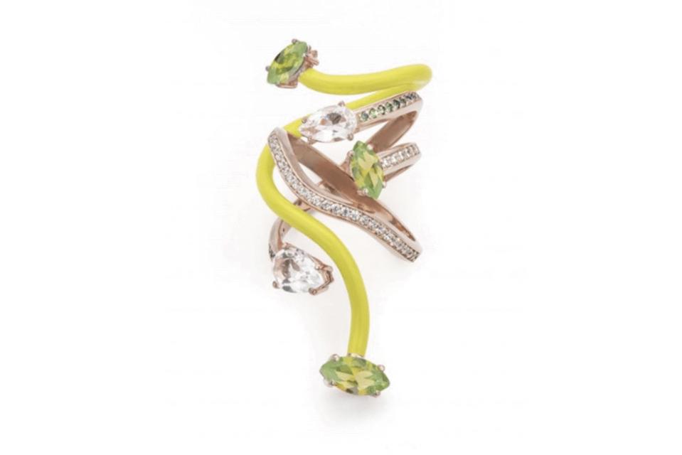 Celebrate Peridot, An August Birthstone, With These Beautiful Pieces Of Peridot Jewelry 11 Bea Bongascia Vine Wrapped ring in 9K rose gold with yellow enameled vine, peridot, rock crystal, white diamond, and tsavorite, $3,500, beabongiasca.com