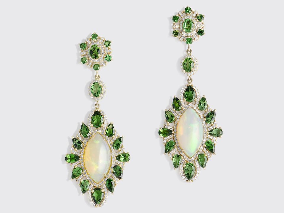 Celebrate Peridot, An August Birthstone, With These Beautiful Pieces Of Peridot Jewelry 5 Sanjay Kasliwal earrings in 18K gold with opal and diamond, $13,500, sanjaykasliwal.com