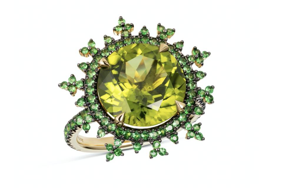 Celebrate Peridot, An August Birthstone, With These Beautiful Pieces Of Peridot Jewelry 8 Nadine Aysoy Tsarina Apple Flake ring in 18K yellow gold with peridot and tsavorite, $6,260, nadineaysoy.com
