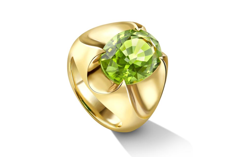 Celebrate Peridot, An August Birthstone, With These Beautiful Pieces Of Peridot Jewelry 4 Liv Luttrell x Fuli Gemstones ring in 18K yellow gold with peridot, $8,610, livluttrell.com