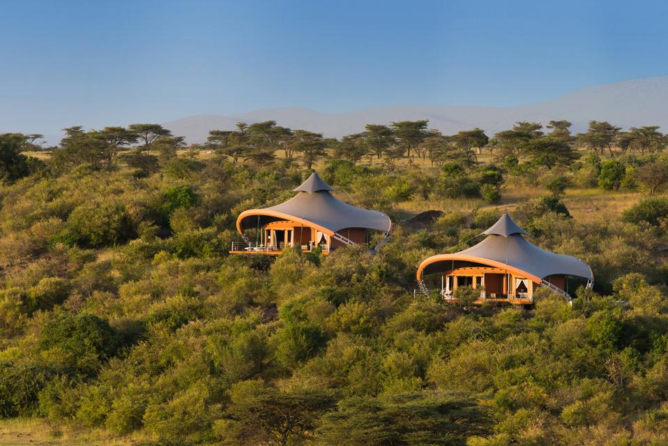 Two elaborate cone capped tents in the Masaai Mara in Kenya