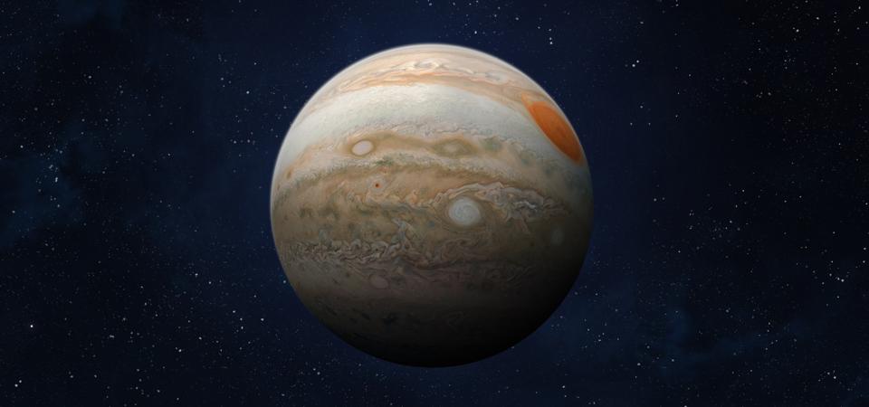 Jupiter and its ″Great Red Spot.″ Elements of this image are furnished by NASA.