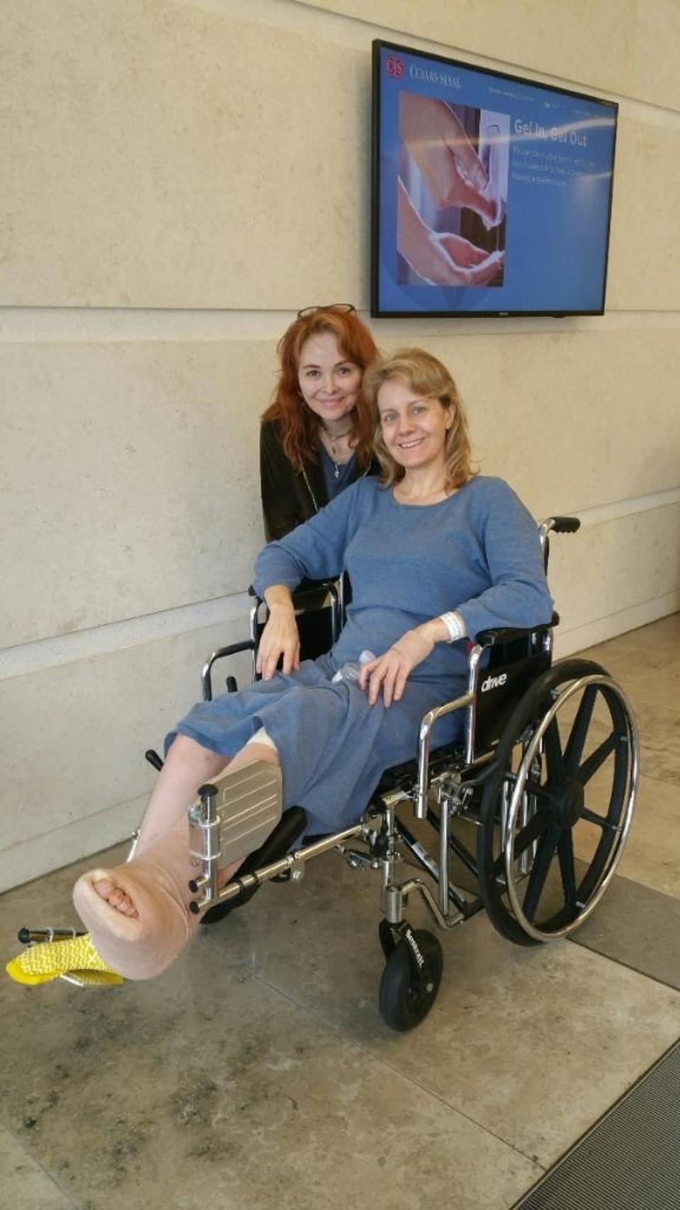 Eileen Grubba is in a wheelchair after a surgery on her leg.