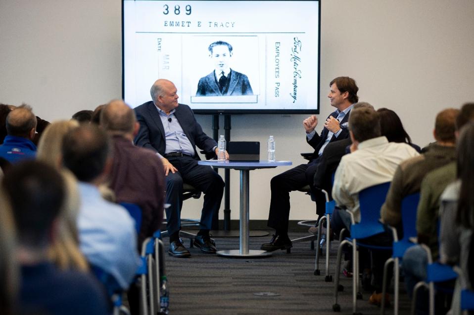 Retiring Ford CEO Jim Hackett and current COO Jim Farley