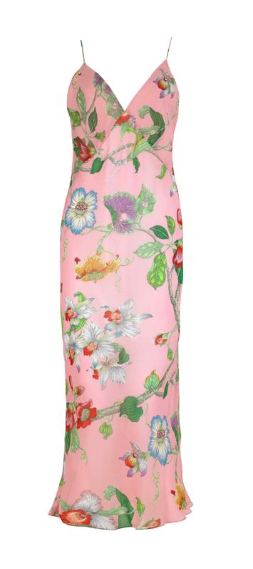 An otherworldly fantasy floral print unfolds onto rosehip pink sheer silk georgette. Featuring a figure-skimming silhouette and plunging back, the Issa Appleyard is pure elegance.