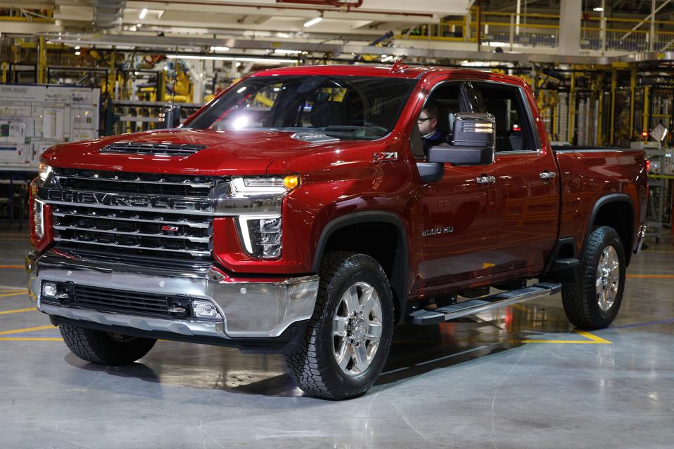 A red 2020 Chevy Silverado just off the assembly line in Flint, Michigan.
