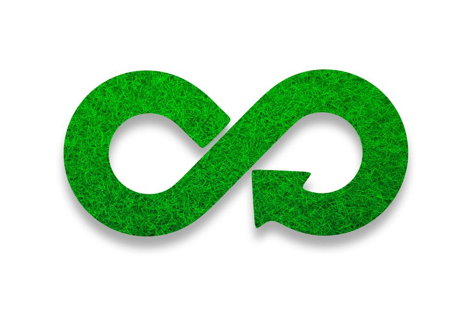 ECO, circular economy, green grass infinity arrow symbol. 3D illustration.