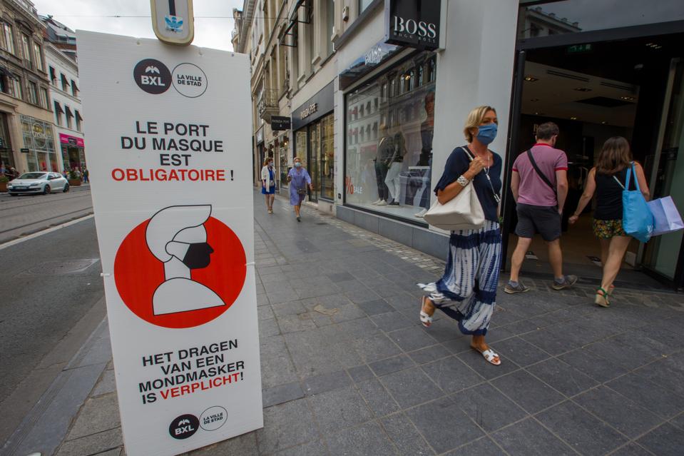 Compulsory mask required sign in Brussels Belgium as Covid cases rise