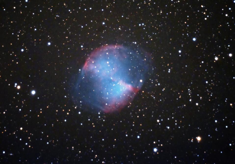 The Dumbbell Nebula shines brightly, and was the first planetary nebula ever discovered.