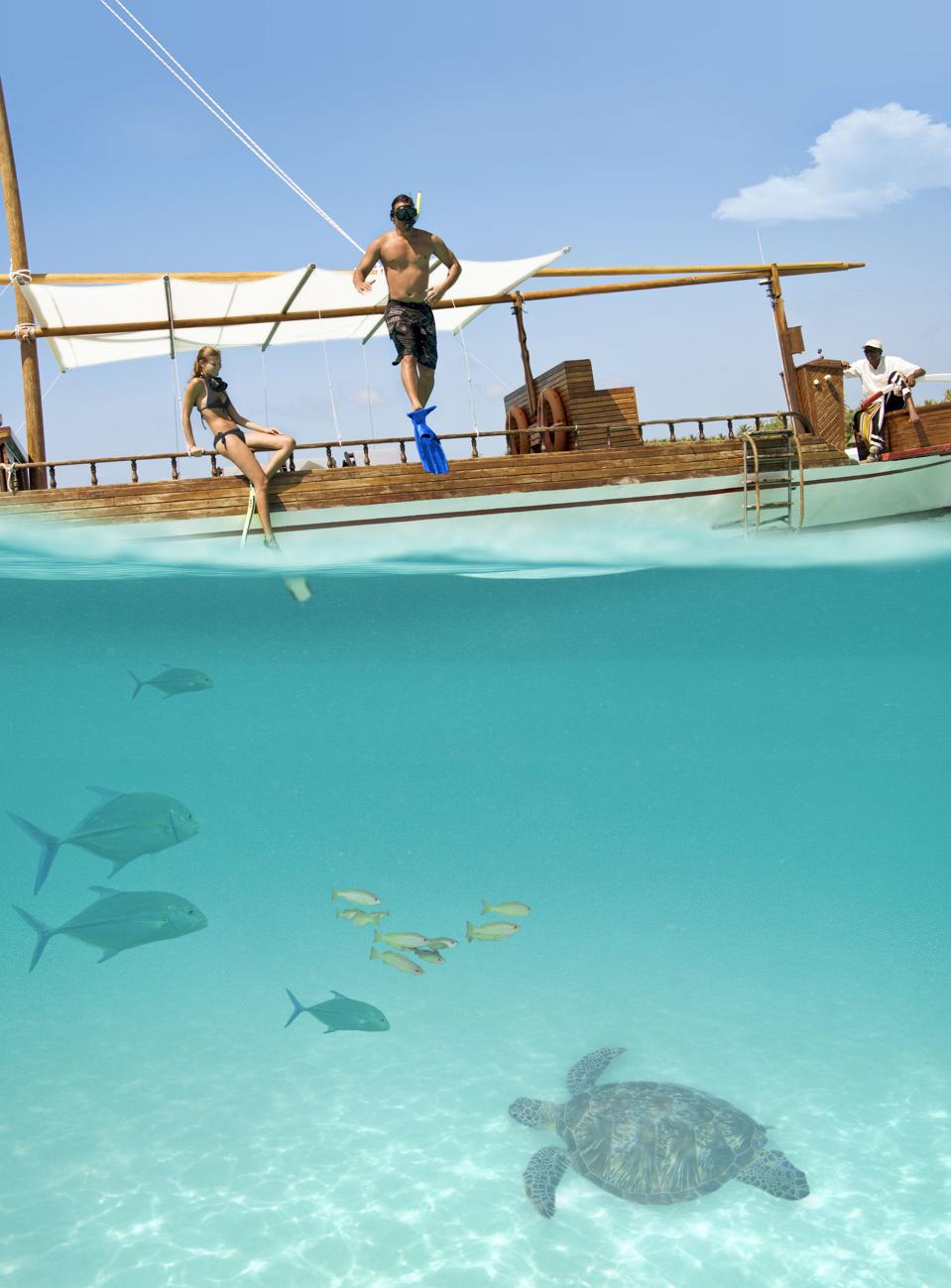 A photo this is half underwater (showing a turtle and several fish) and half abve the water (showing a sailboat with two snorkelers about to jump into the water)