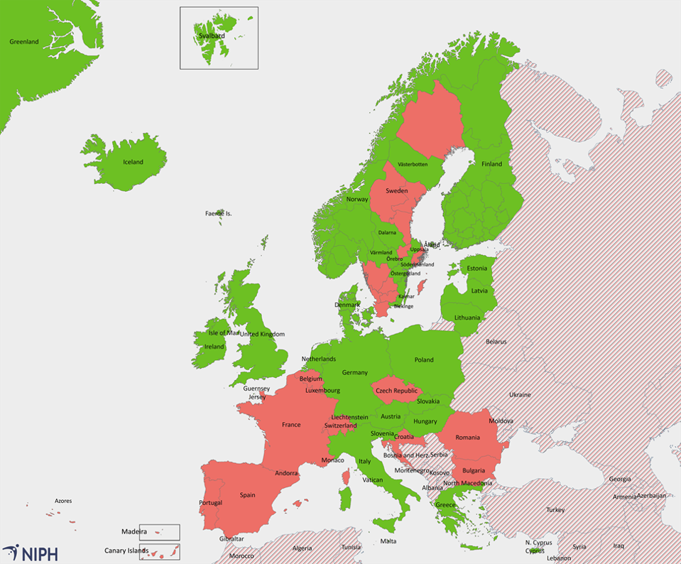 Map of Norway's Covid risk zones, travelers from red countries must quarantine, green no