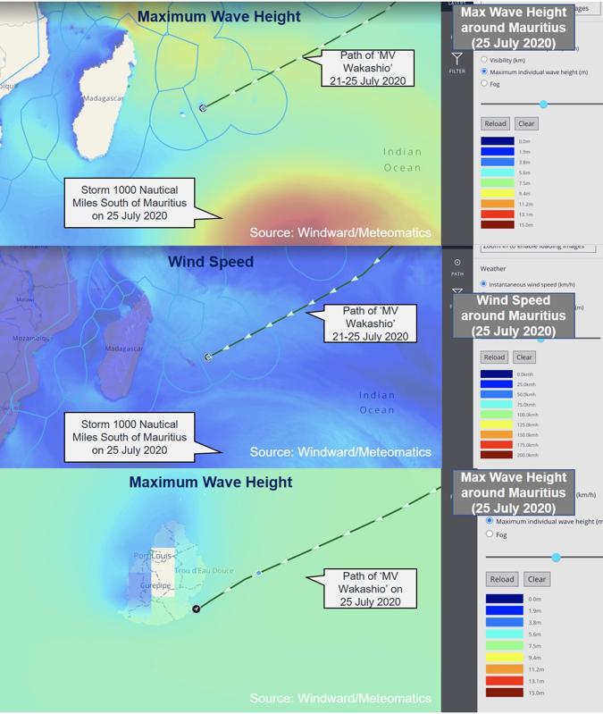 Historic Weather Data shows relatively calm weather at the time of the grounding, and no material shifts in other vessel behavior passing by Mauritius over this period