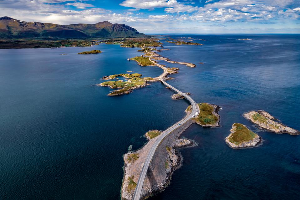 Aerial photograph of the Atlantic Ocean Road in western Norway.