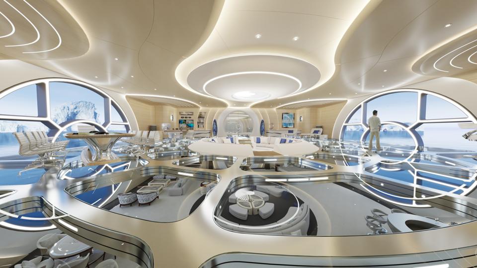 Sailing-Stream.fr ⚓ À l'intérieur du nouveau concept de Gigayacht de 328 pieds inspiré de la science-fiction | Thor Explore de Gresham ⚓ L'intérieur futuriste du superyacht Thor Explore avec de grandes fenêtres circulaires