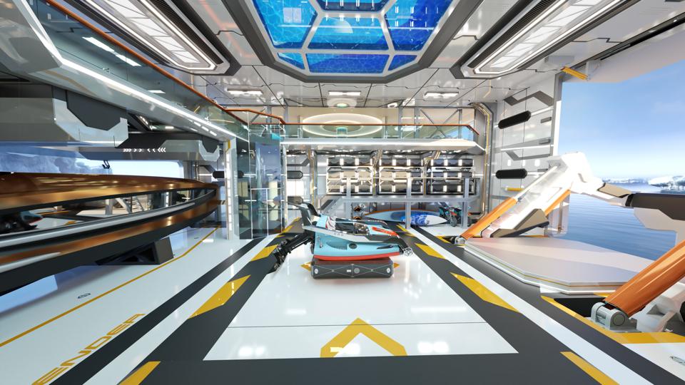 Sailing-Stream.fr ⚓ À l'intérieur du nouveau concept de Gigayacht de 328 pieds inspiré de la science-fiction | Thor Explore de Gresham ⚓ Une annexe personnalisée futuriste se trouve dans le hangar du superyacht concept Thor Explore