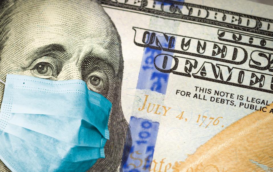 Benjamin Franklin With Worried and Concerned Expression Wearing Medical Face Mask On One Hundred Dollar Bill