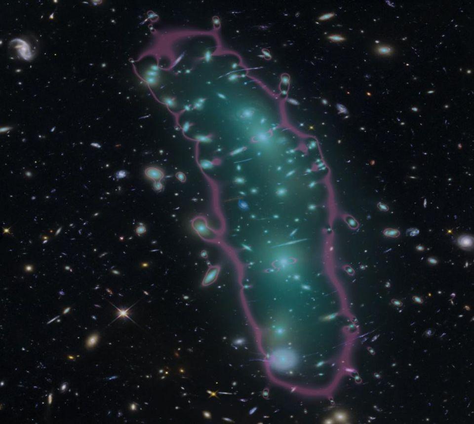 The galaxy cluster MACS 0416 from the Hubble Frontier Fields, with lensing map overlaid.
