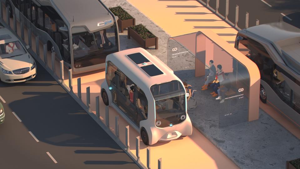 Rendering of a potential connected transportation corridor with dedicated laneways and loading zones for shared mobility vehicles