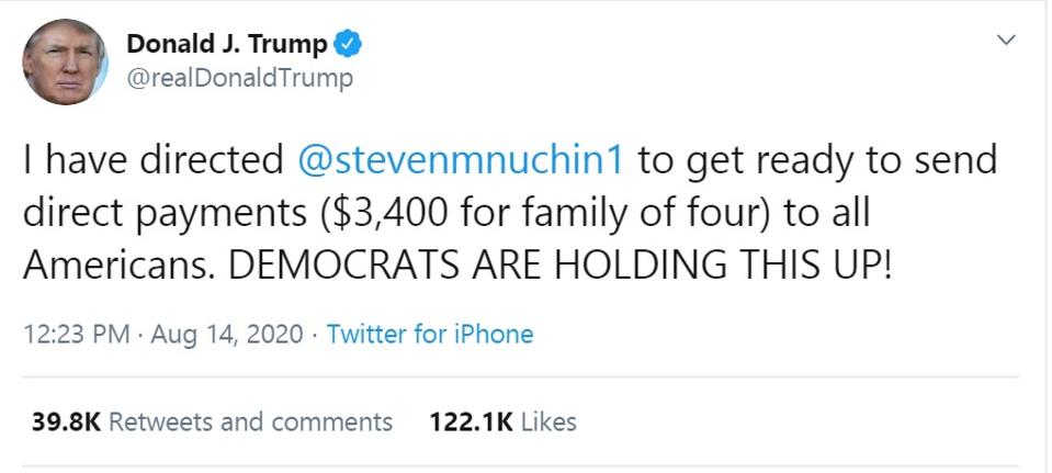 Trump I M Ready To Take Action On Stimulus Checks Rental Assistance Business Loans And State And Local Aid
