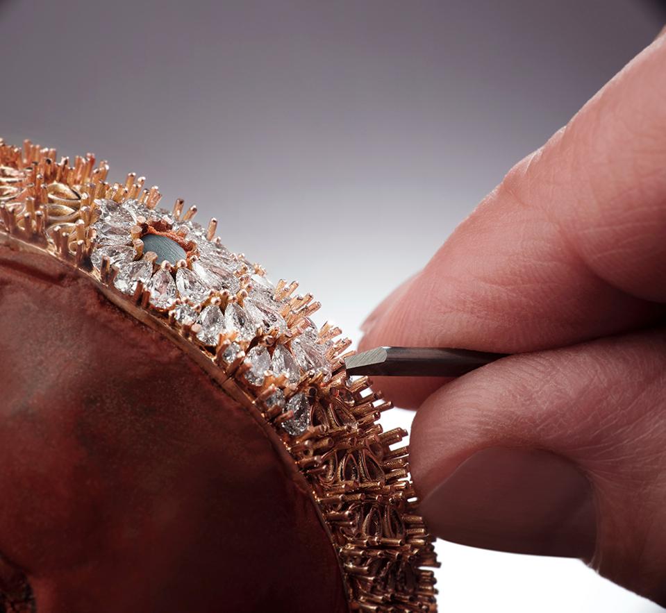 Setting diamonds into the Snowdrop watch by Jaeger-LeCoultre. 