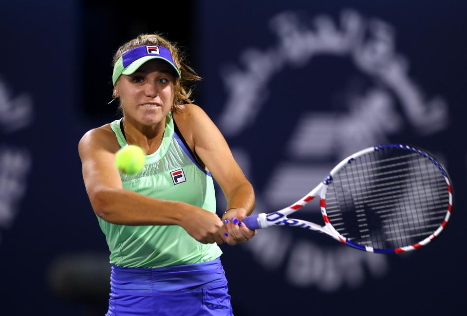 DUBAI, UNITED ARAB EMIRATES - FEBRUARY 18: Sofia Kenin of USA plays a backhand against Elena Rybakina of Kazakhstan during Day Two of the Dubai Duty Free Tennis at Dubai Duty Free Tennis Stadium on February 18, 2020 in Dubai, United Arab Emirates. (Photo by Francois Nel/Getty Images)