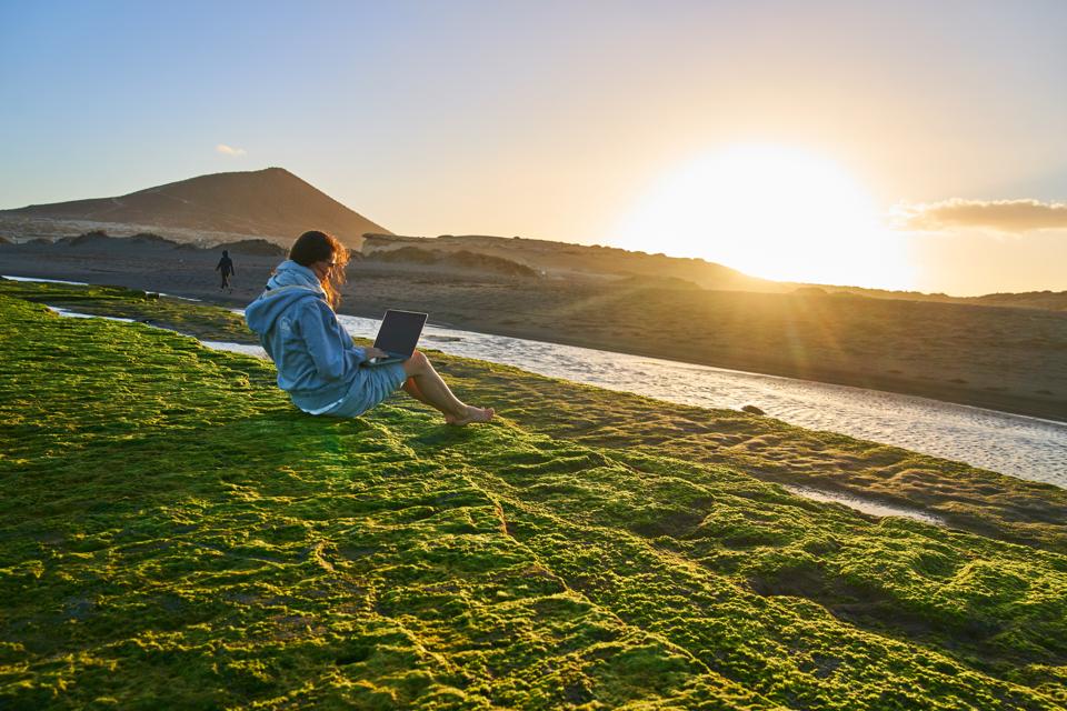 Woman sits alone on the rocks with colorful seaweed working with a notebook at the beach