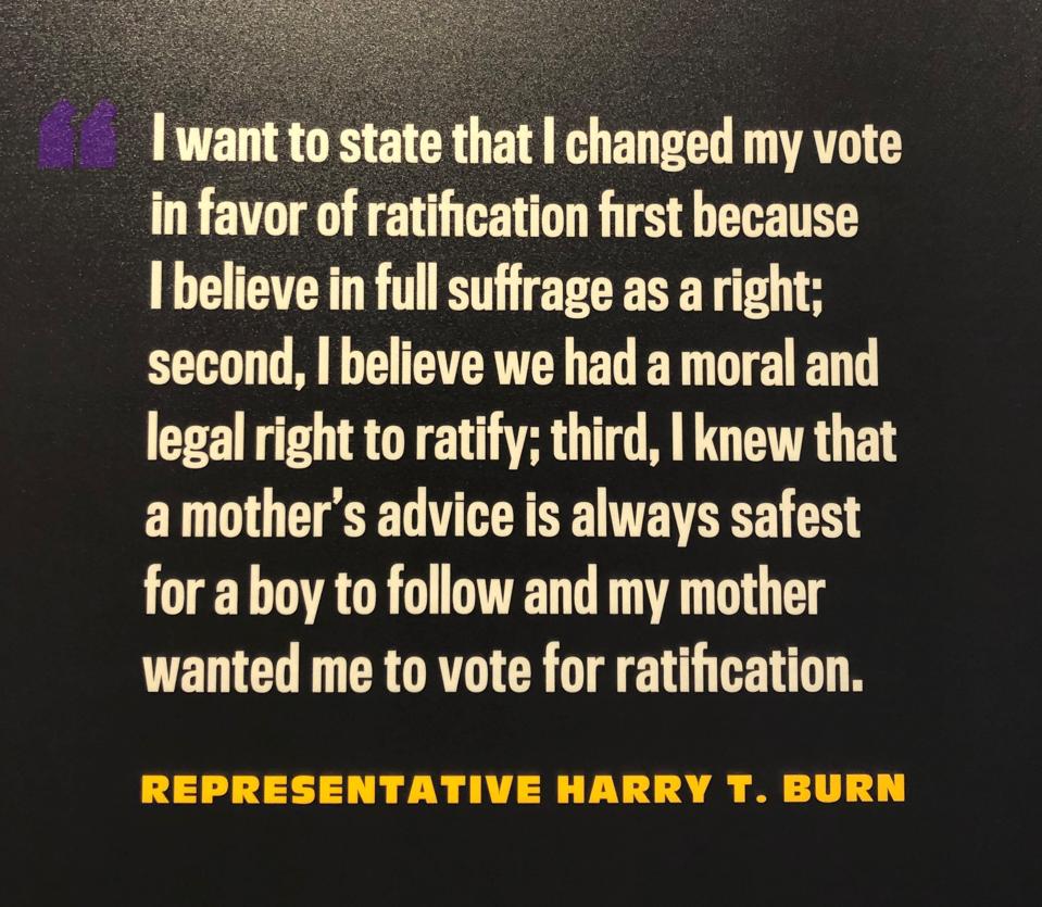 Display of statement from State Representative Burn on why he cast the deciding vote in 1920.