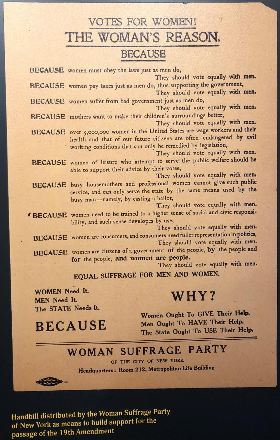 Display of handbill about why women need the right to vote, at Lucy Burns Museum