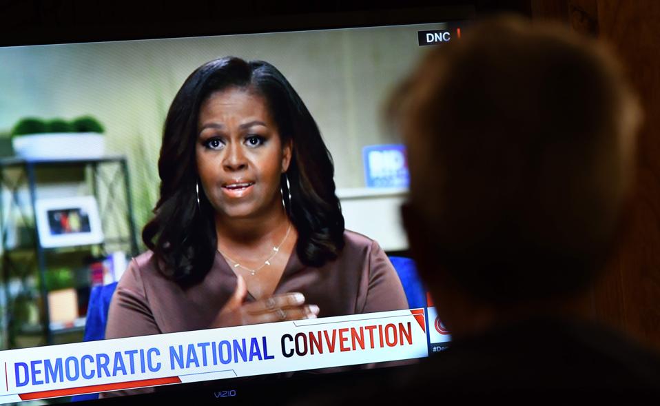 Michelle Obama livestreams to the delegates at the virtual, digital Democratic Convention.