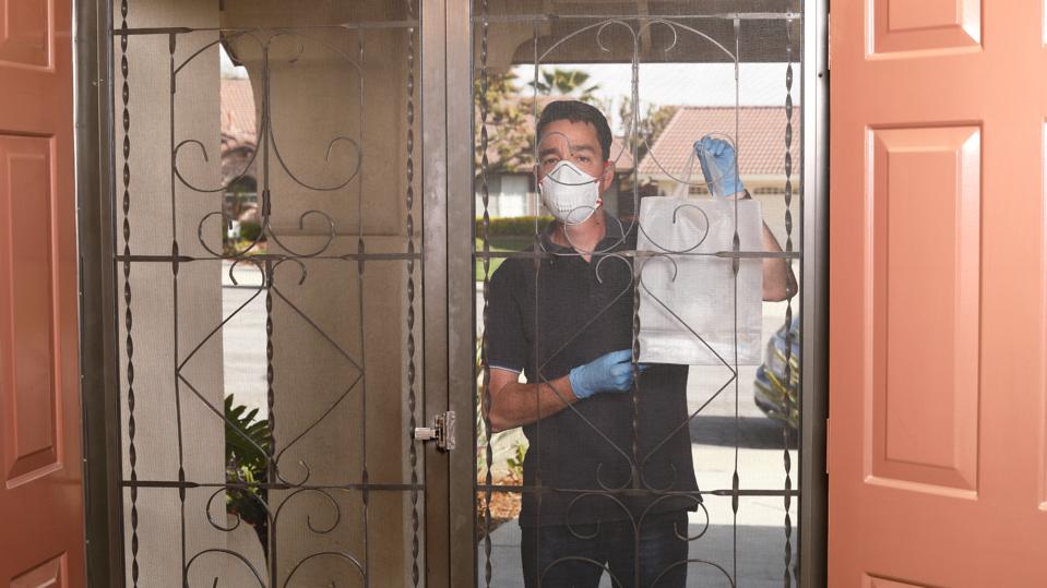 COVID-19 Shelter at Home Pharmacy Delivery Gloves and Mask Horizontal