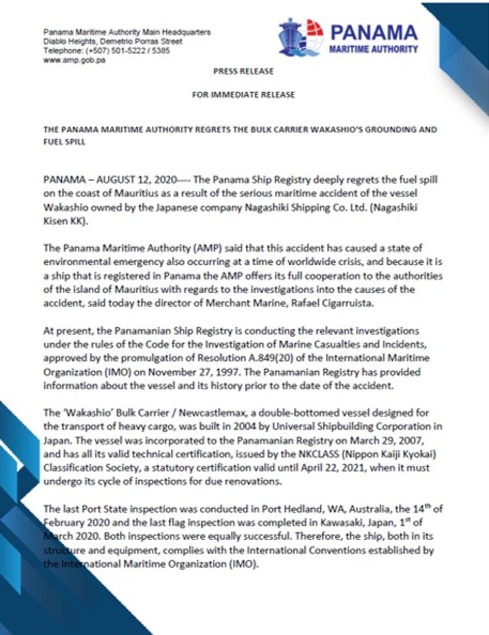 12 August 2020: Press Release by Panama Maritime Authority stating ″Everything went smoothly until July 25, when the ship faced adverse weather conditions near the coast of Mauritius. It was then, necessary to perform various maneuvers to change course due to the state of the sea.″