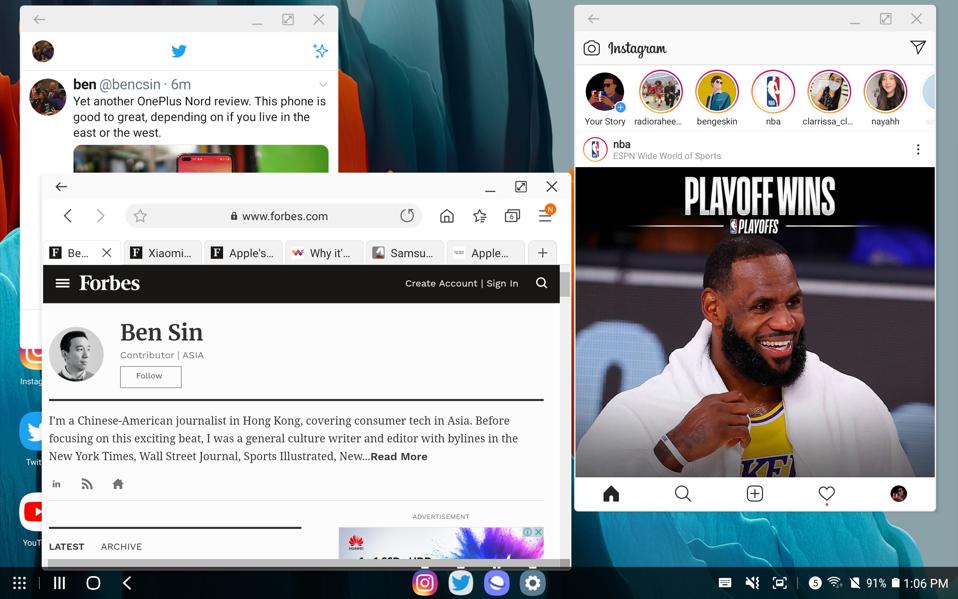 The Tab S7 Plus running Instagram, a web browser, and Twitter at the same time like a computer.