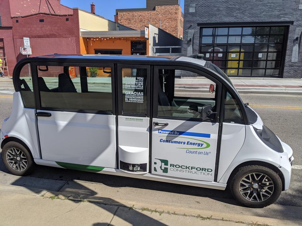 One of May Mobility's automated shuttles in Grand Rapids, Mich.