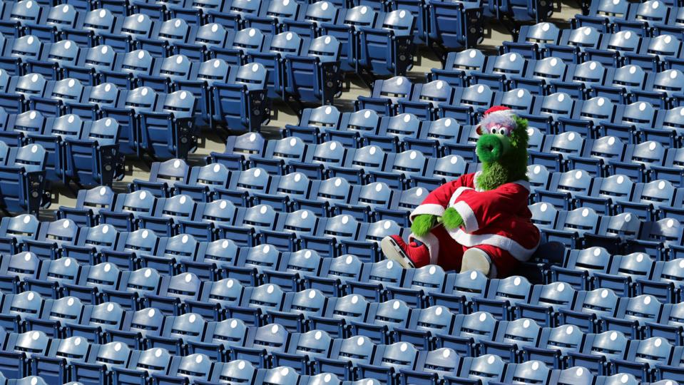 The Phillie Phanatic sits alone in the stands during a game between the Miami Marlins and the Philadelphia Phillies at Citizens Bank Park