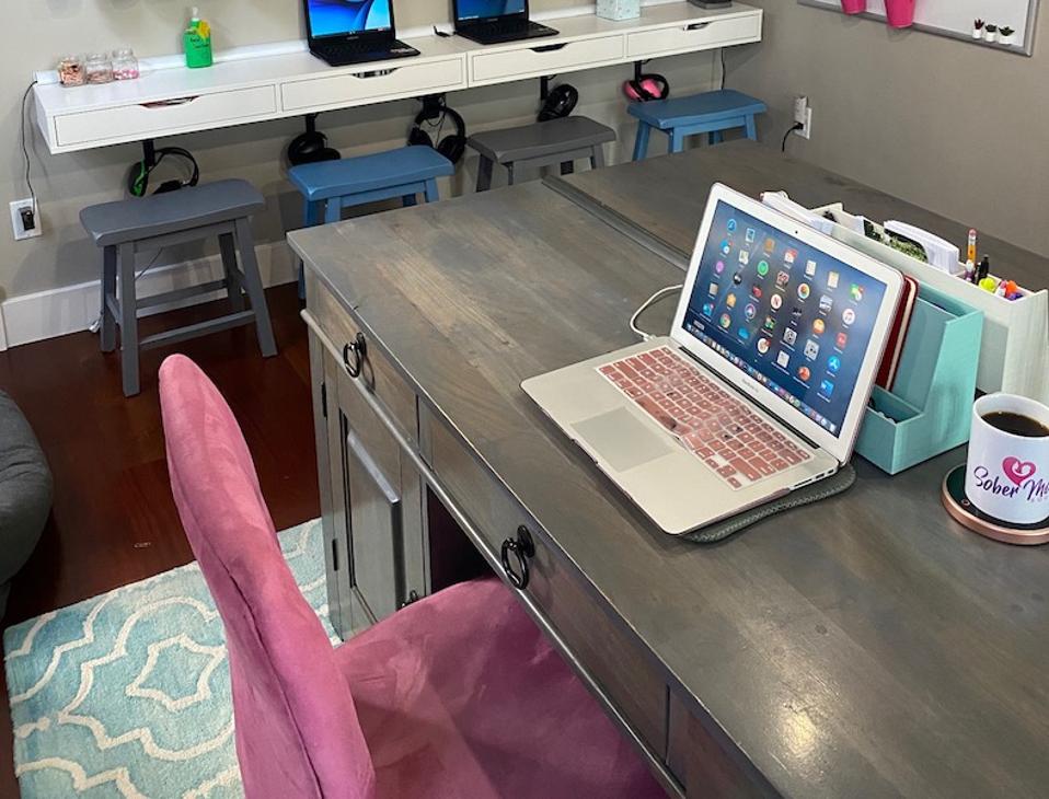 A buffet table turned desk.