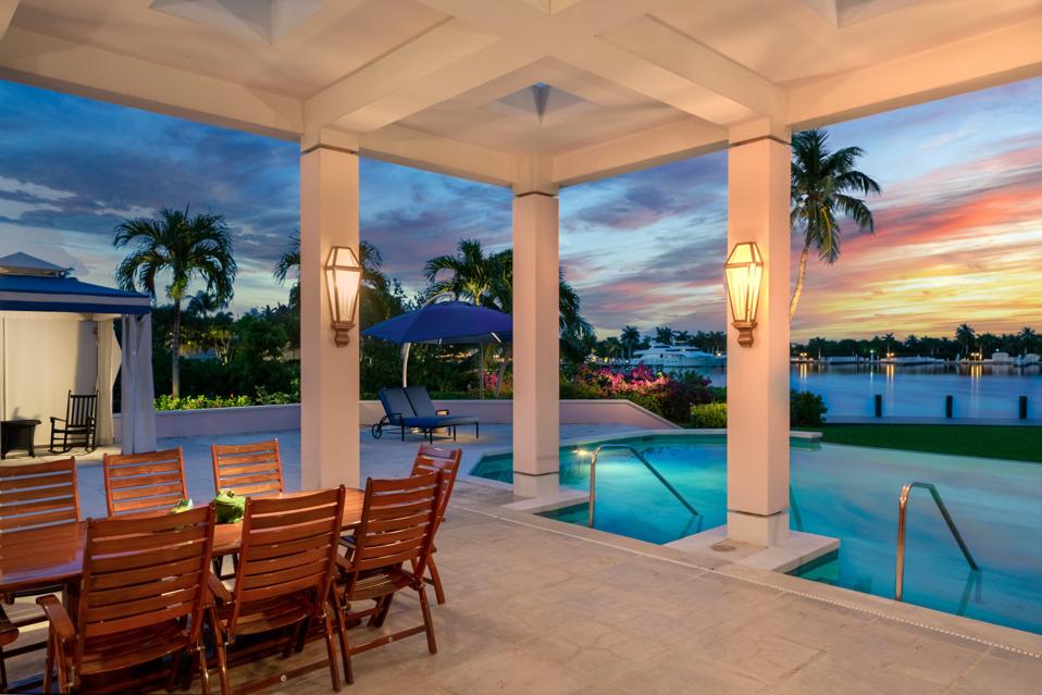 Veranda, pool at sunset