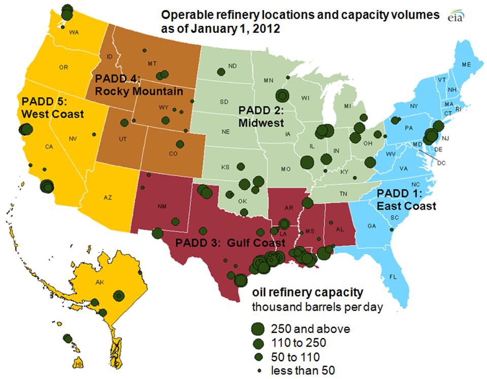 EIA Map of U.S. oil refineries.