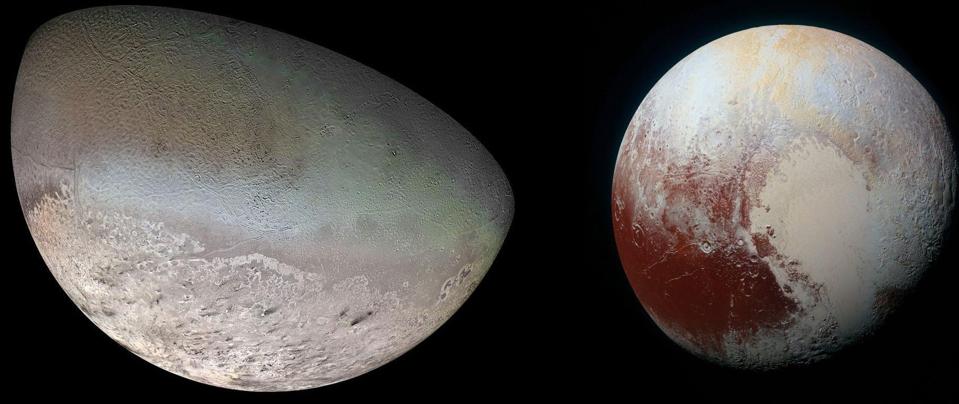 Triton, links, wie er von Voyager 2 aufgenommen wurde, und Pluto, rechts, wie er von New Horizons aufgenommen wurde.