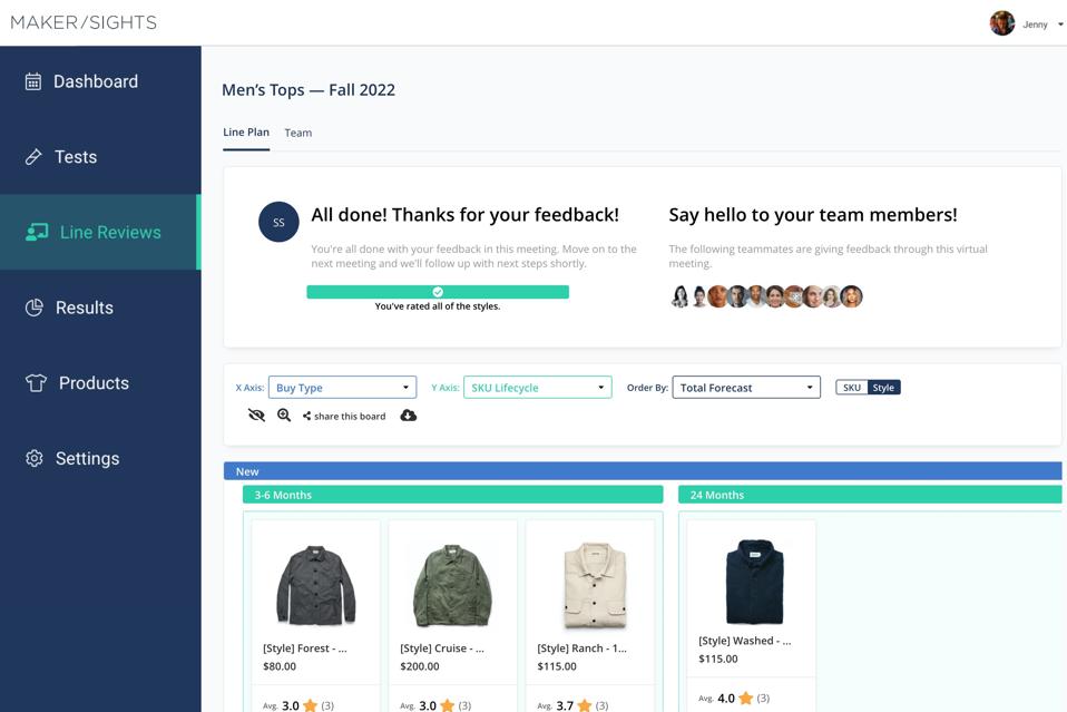 Here is a screenshot of a page from the Digital Line Review software by MakerSights, showing a team review of a product line of men's shirts.