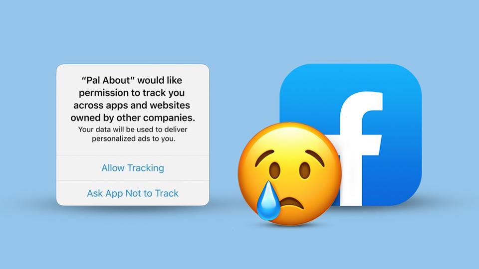 Sad emoji over Facebook app icon and developer warning of tracking user data across apps