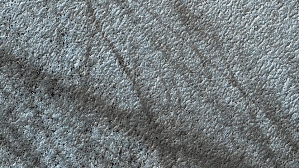 Photo from above showing dark tracks across a pale landscape.