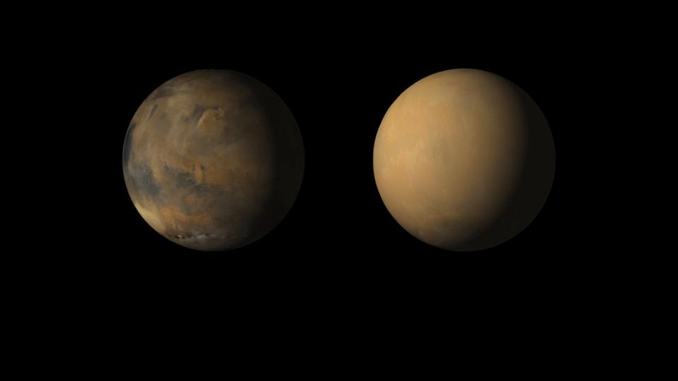 Two photos of Mars side by side, one showing landforms and the other completely blurred by a dust storm.