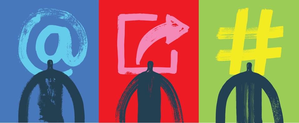 Three Social Media Followers, with at symbol, sharing symbol and hashtag, Micro Influencers, social media user, sharing, hashtag, grunge texture, online presence, Illustration, Facebook, Tik Tok, Linkedin, Snapchat, Youtube, Blogger, Instagram, follower