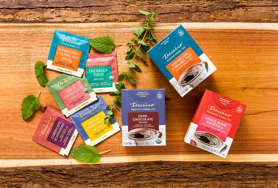 boxes and bags of Teeccino products