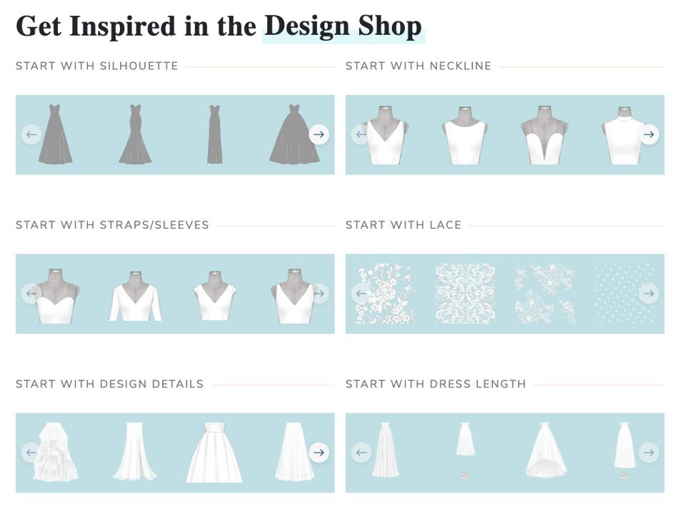 Anomalie provides a tool for creating customised wedding dresses from different starting points - like choosing a neckline, silhouette, or length or by browsing sketches.