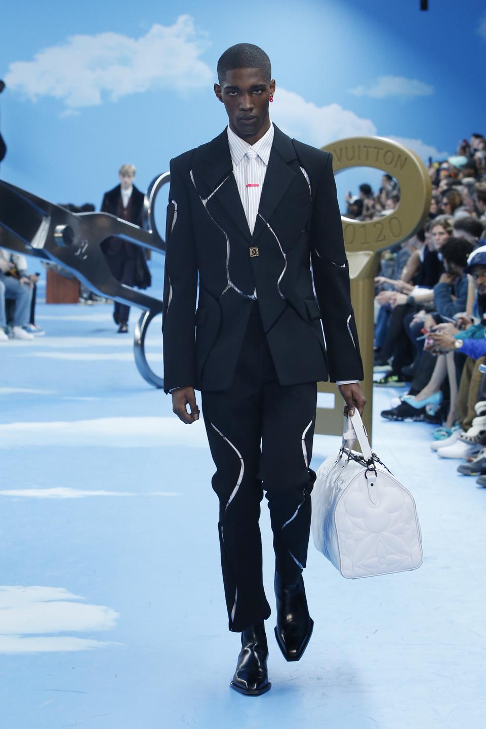 Louis Vuitton: MTO Sculptural Jacket; Slim Fit Shirt, MTO Sculptural Pant; LV Chelsea Boot
